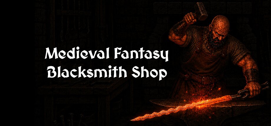 Medieval Fantasy Blacksmith Shop cover art: a blacksmith hammering a glowing sword