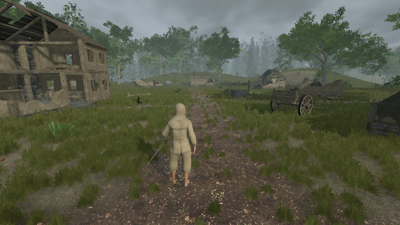 A hooded survivor walking through an abandoned, overgrown medieval village